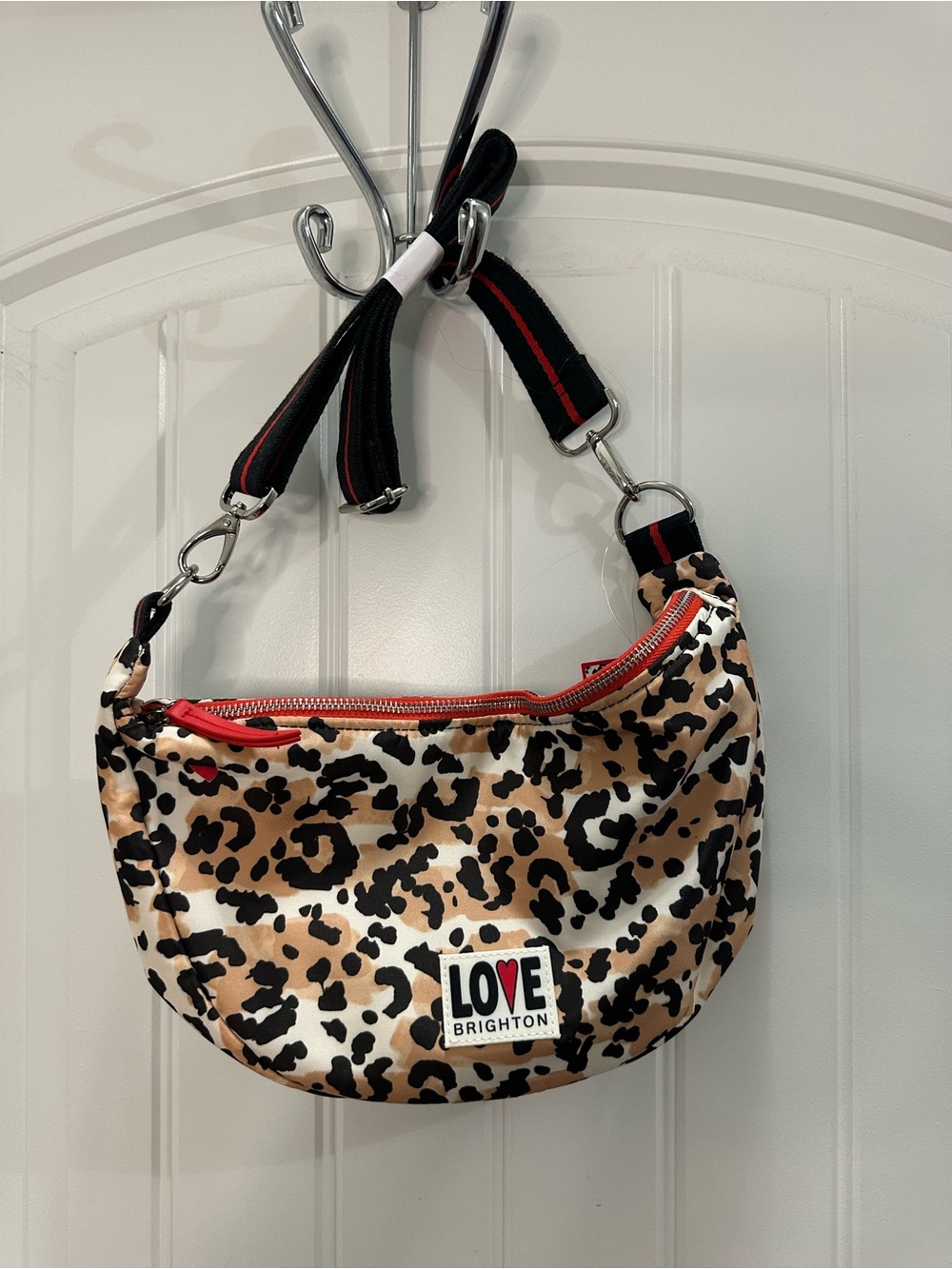 NWT Brighton LOVE Leopard-Print crossbody swing  Bag in Tan, Black & Red